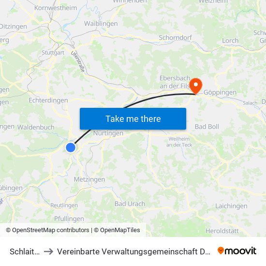 Schlaitdorf to Vereinbarte Verwaltungsgemeinschaft Der Stadt Uhingen map