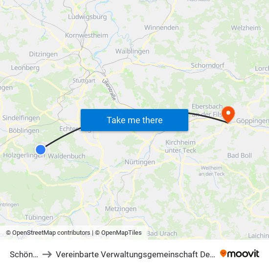 Schönaich to Vereinbarte Verwaltungsgemeinschaft Der Stadt Uhingen map