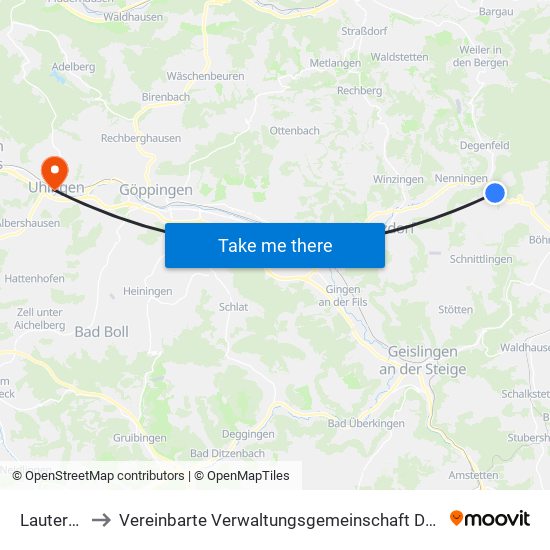 Lauterstein to Vereinbarte Verwaltungsgemeinschaft Der Stadt Uhingen map