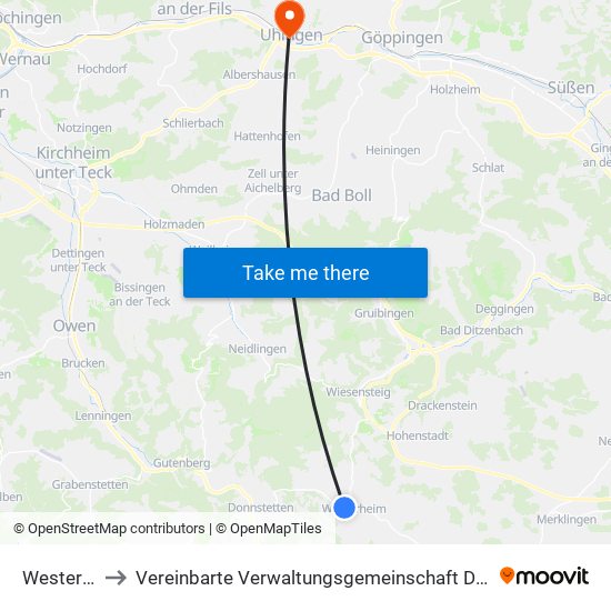 Westerheim to Vereinbarte Verwaltungsgemeinschaft Der Stadt Uhingen map