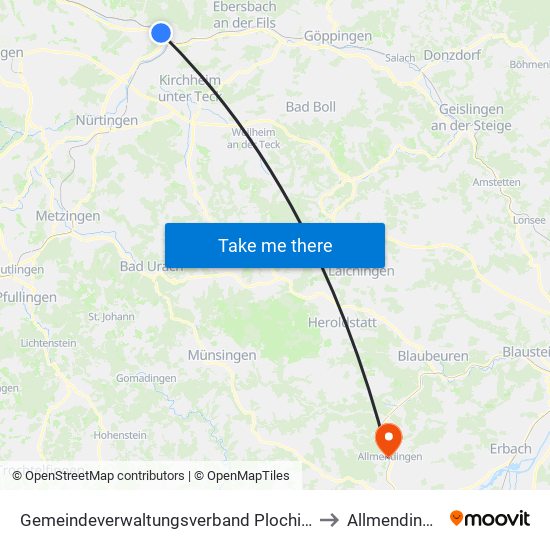 Gemeindeverwaltungsverband Plochingen to Allmendingen map