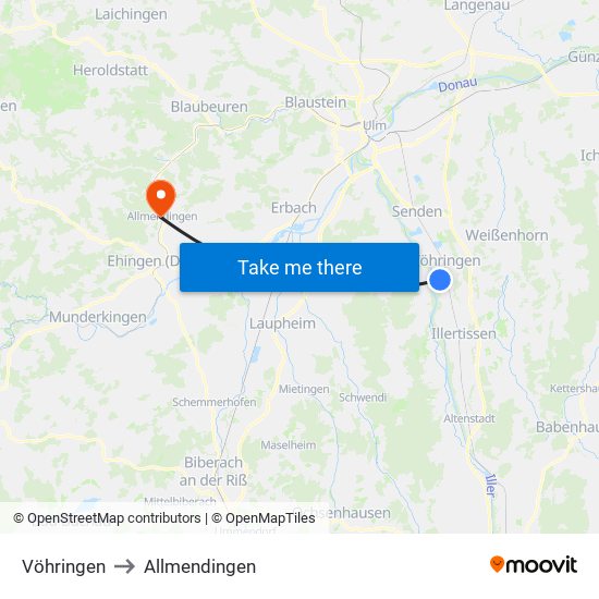 Vöhringen to Allmendingen map