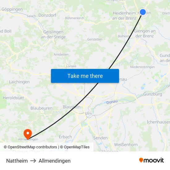 Nattheim to Allmendingen map