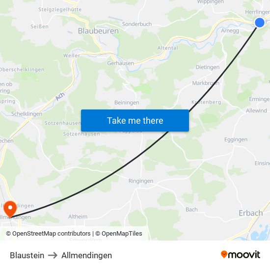 Blaustein to Allmendingen map