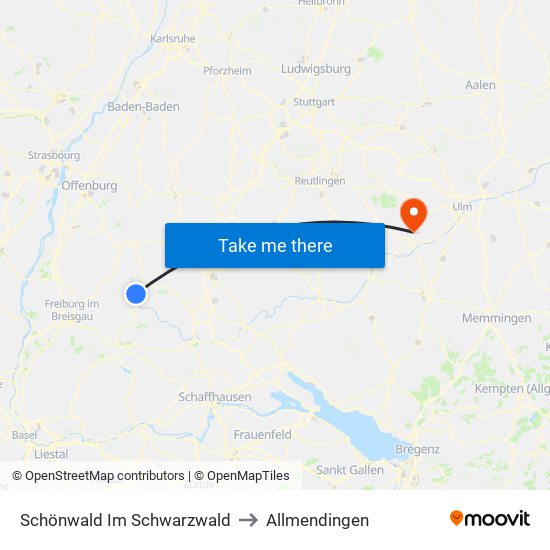 Schönwald Im Schwarzwald to Allmendingen map