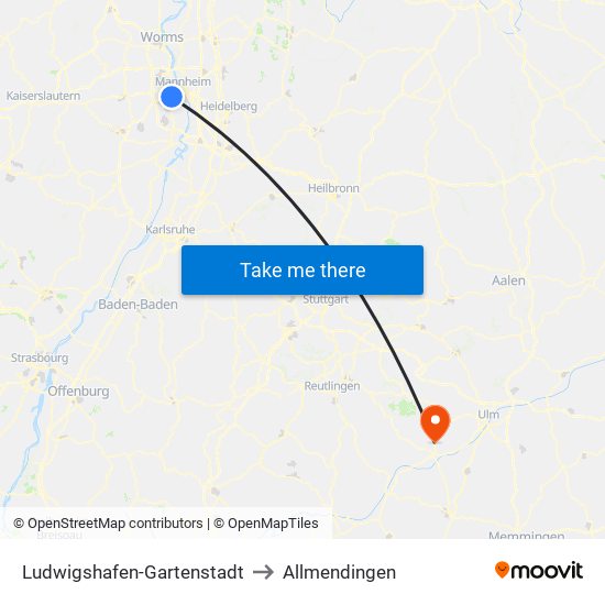 Ludwigshafen-Gartenstadt to Allmendingen map