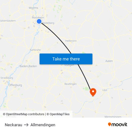 Neckarau to Allmendingen map