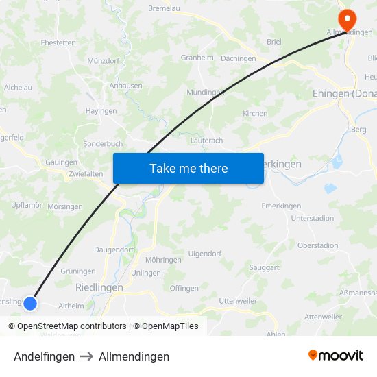 Andelfingen to Allmendingen map