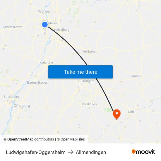 Ludwigshafen-Oggersheim to Allmendingen map