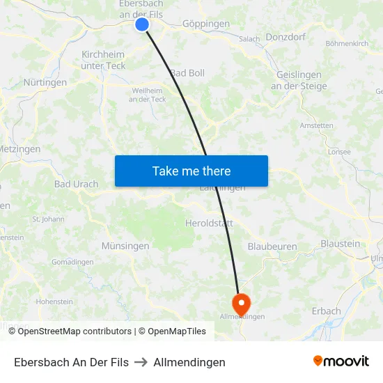 Ebersbach An Der Fils to Allmendingen map