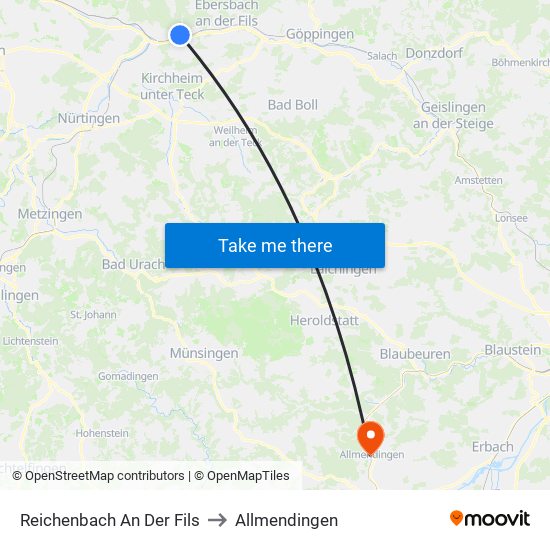 Reichenbach An Der Fils to Allmendingen map