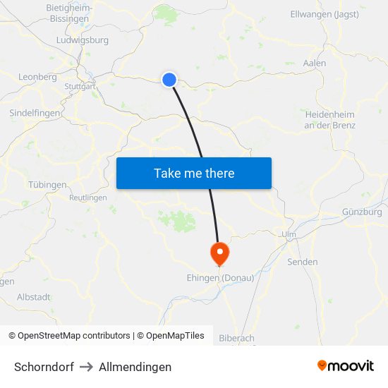 Schorndorf to Allmendingen map