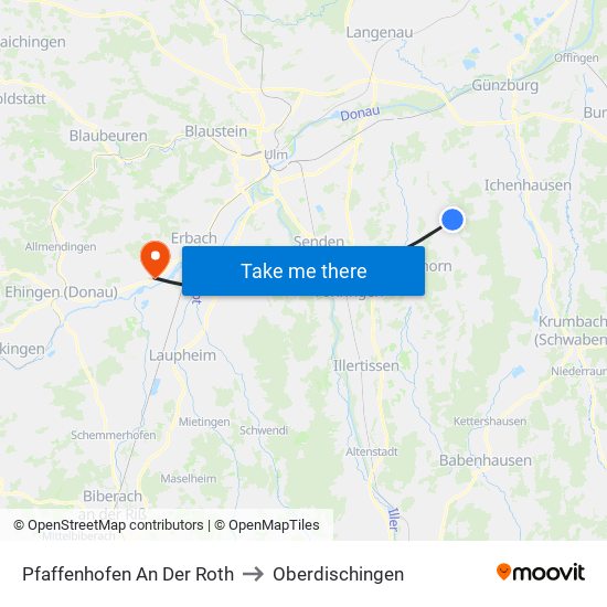 Pfaffenhofen An Der Roth to Oberdischingen map