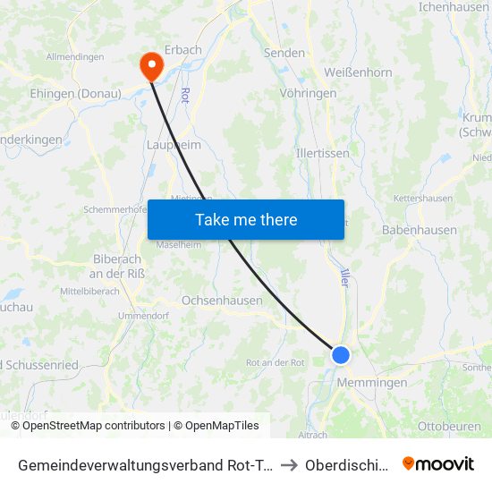 Gemeindeverwaltungsverband Rot-Tannheim to Oberdischingen map