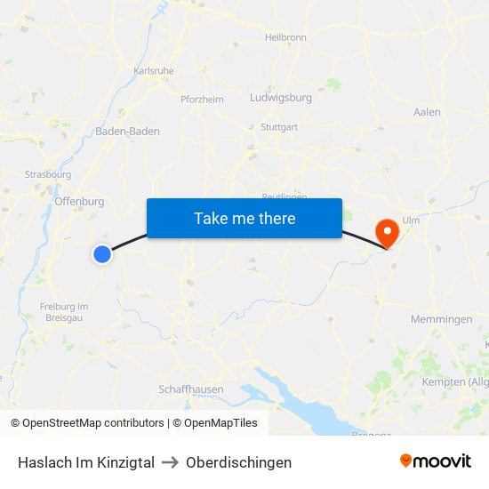 Haslach Im Kinzigtal to Oberdischingen map