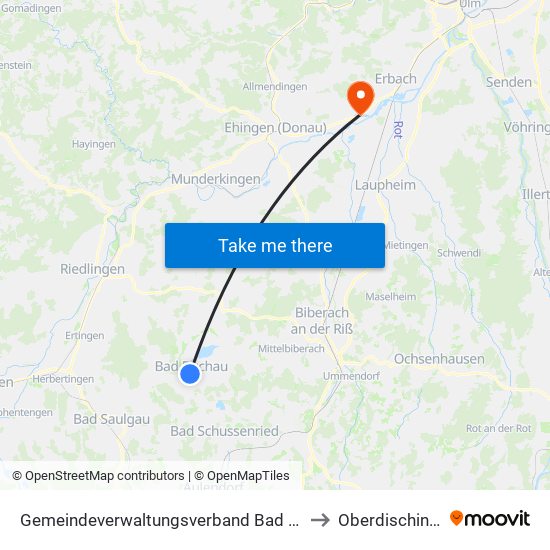 Gemeindeverwaltungsverband Bad Buchau to Oberdischingen map