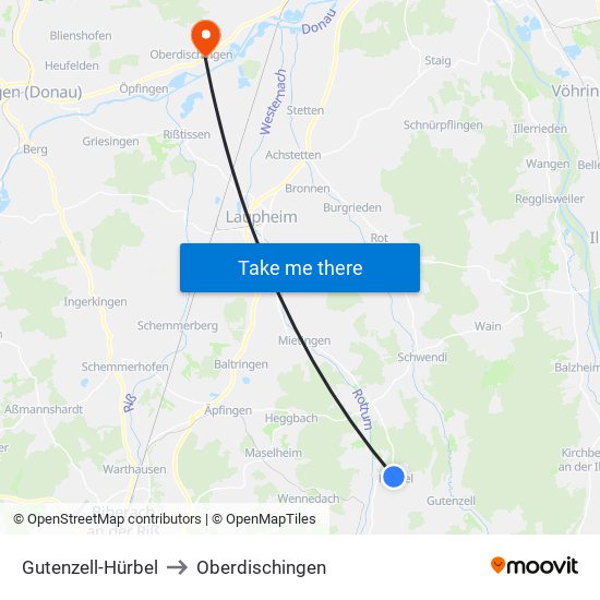 Gutenzell-Hürbel to Oberdischingen map