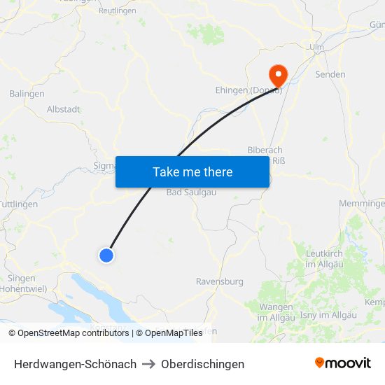 Herdwangen-Schönach to Oberdischingen map