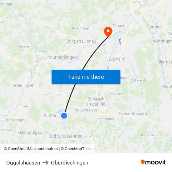 Oggelshausen to Oberdischingen map