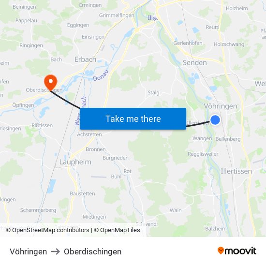 Vöhringen to Oberdischingen map