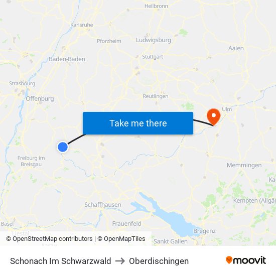 Schonach Im Schwarzwald to Oberdischingen map