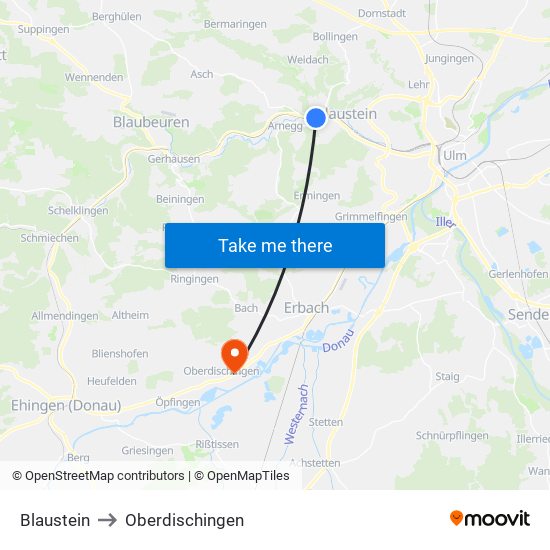 Blaustein to Oberdischingen map