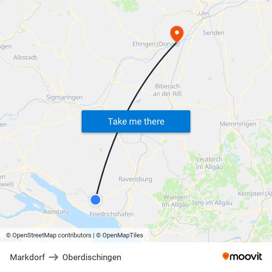 Markdorf to Oberdischingen map