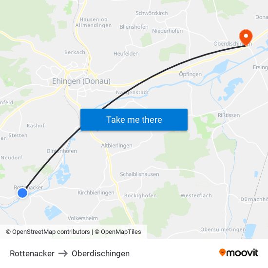 Rottenacker to Oberdischingen map