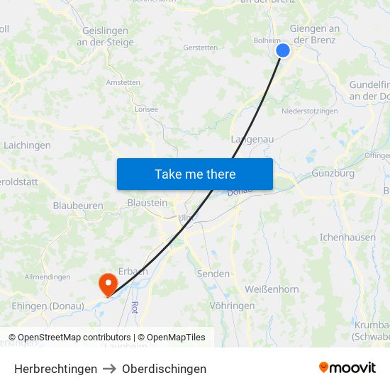 Herbrechtingen to Oberdischingen map