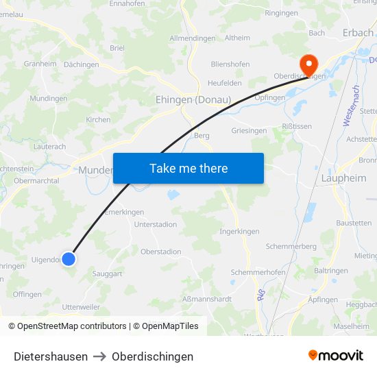 Dietershausen to Oberdischingen map