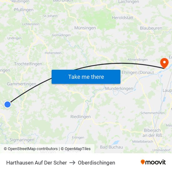 Harthausen Auf Der Scher to Oberdischingen map