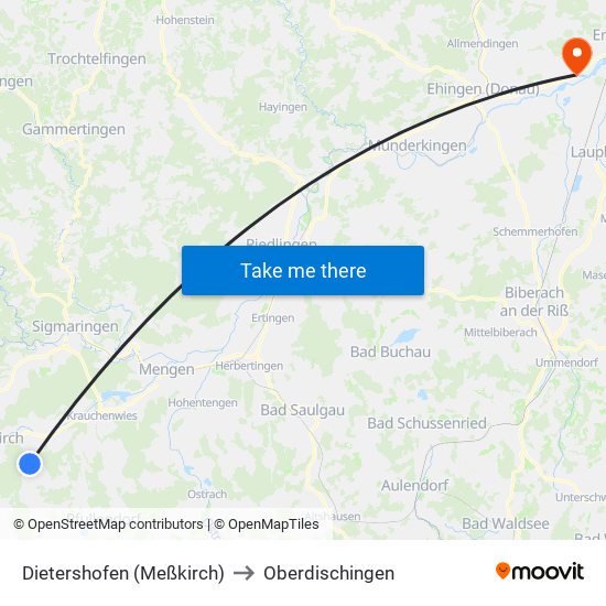 Dietershofen (Meßkirch) to Oberdischingen map