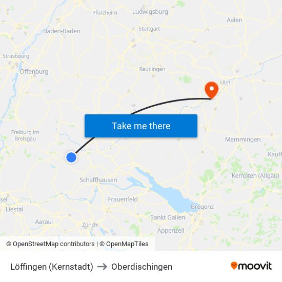 Löffingen (Kernstadt) to Oberdischingen map