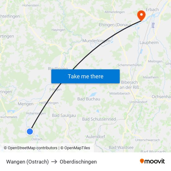 Wangen (Ostrach) to Oberdischingen map