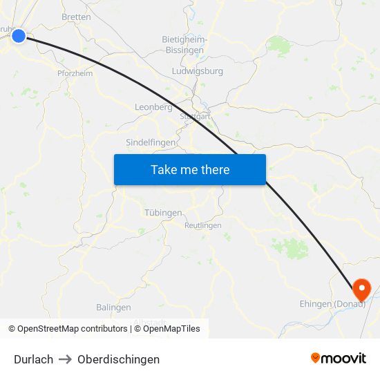 Durlach to Oberdischingen map