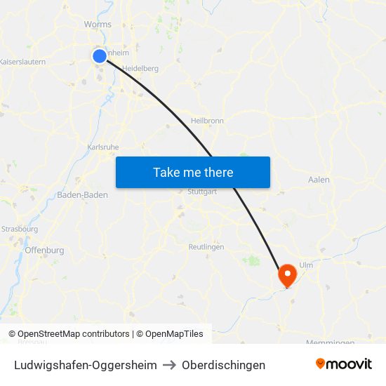 Ludwigshafen-Oggersheim to Oberdischingen map