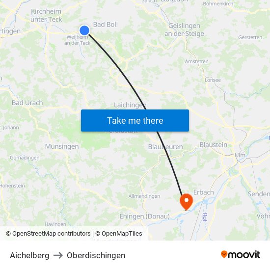 Aichelberg to Oberdischingen map