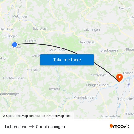 Lichtenstein to Oberdischingen map