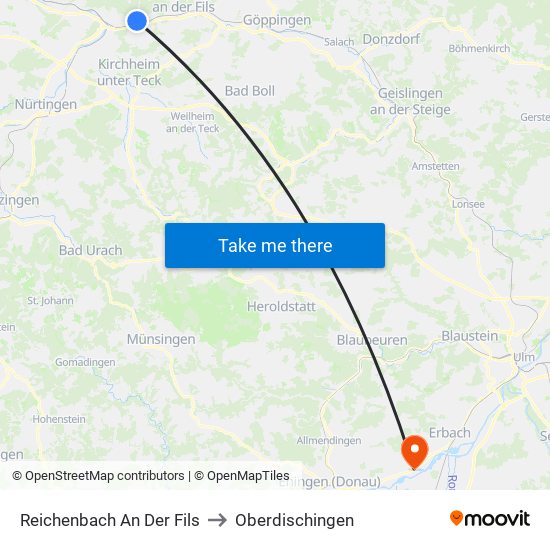 Reichenbach An Der Fils to Oberdischingen map