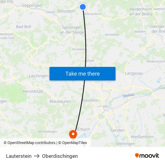 Lauterstein to Oberdischingen map