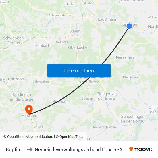 Bopfingen to Gemeindeverwaltungsverband Lonsee-Amstetten map