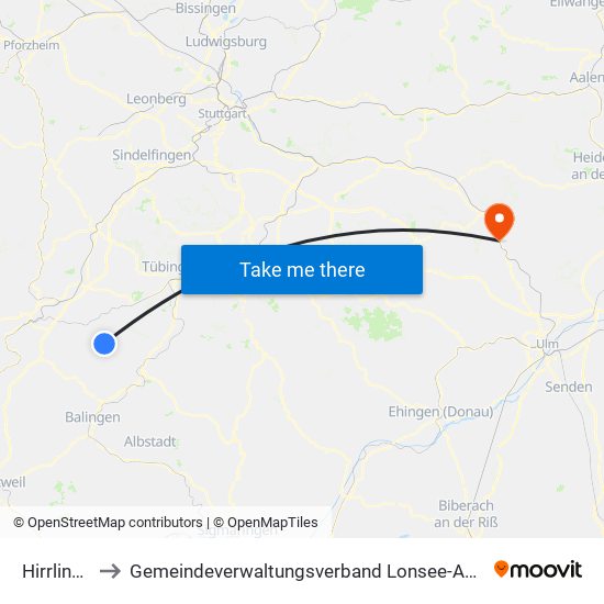 Hirrlingen to Gemeindeverwaltungsverband Lonsee-Amstetten map