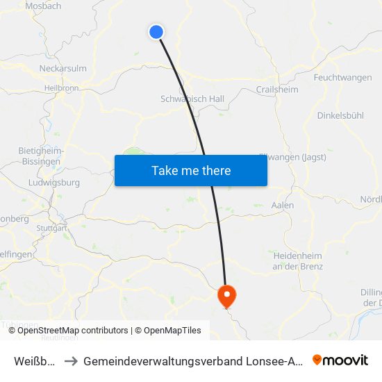 Weißbach to Gemeindeverwaltungsverband Lonsee-Amstetten map