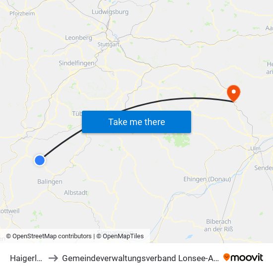 Haigerloch to Gemeindeverwaltungsverband Lonsee-Amstetten map