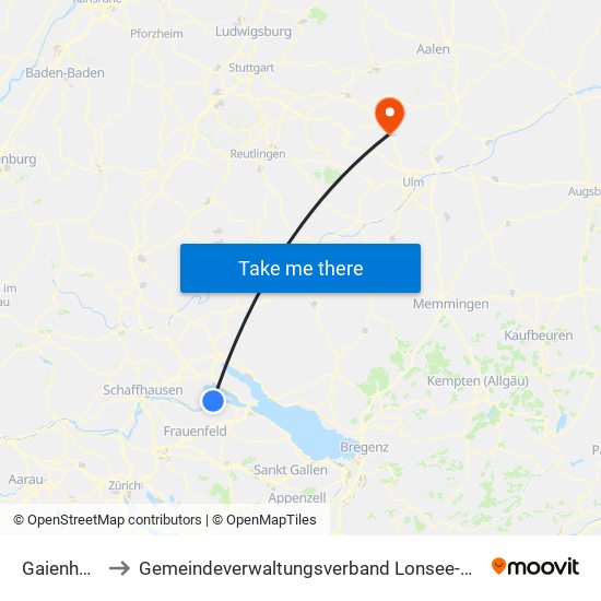 Gaienhofen to Gemeindeverwaltungsverband Lonsee-Amstetten map