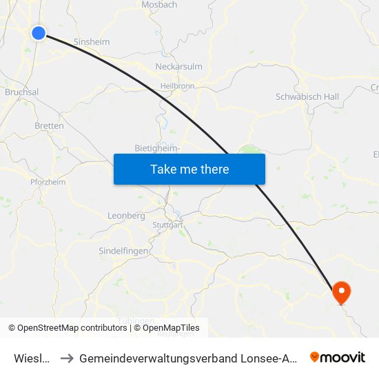 Wiesloch to Gemeindeverwaltungsverband Lonsee-Amstetten map