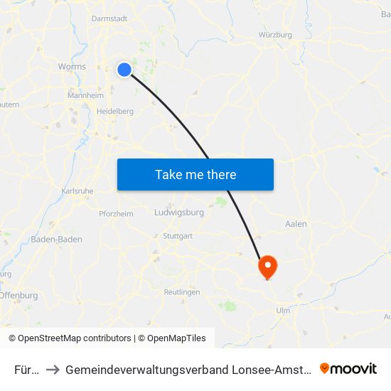 Fürth to Gemeindeverwaltungsverband Lonsee-Amstetten map