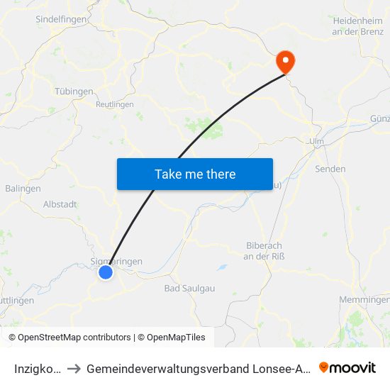 Inzigkofen to Gemeindeverwaltungsverband Lonsee-Amstetten map