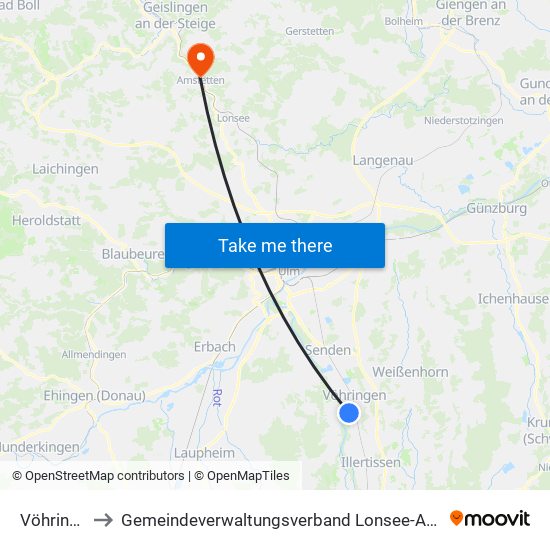 Vöhringen to Gemeindeverwaltungsverband Lonsee-Amstetten map
