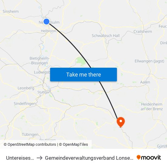 Untereisesheim to Gemeindeverwaltungsverband Lonsee-Amstetten map